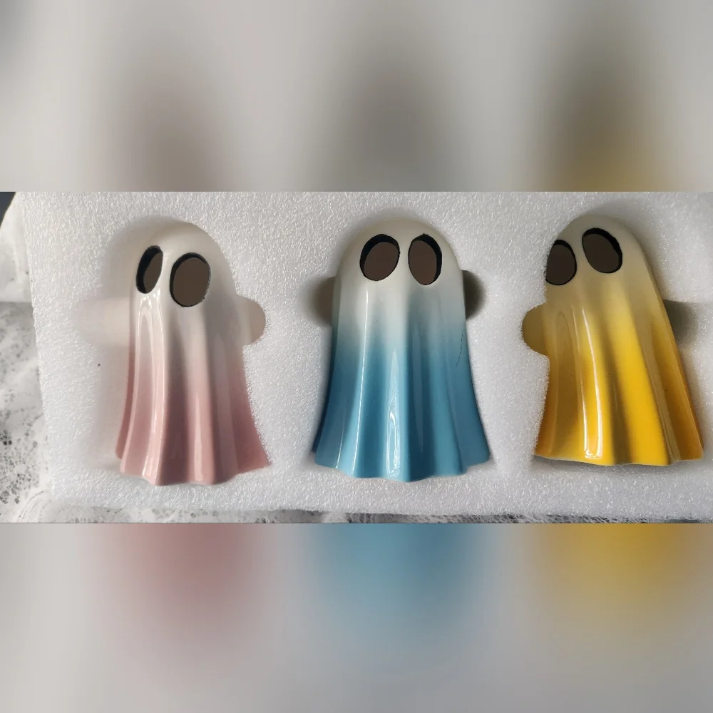 NWT Set of 3 Adorable Ceramic Ghost Spooky Figurines In Pink, Blue, and Yellow